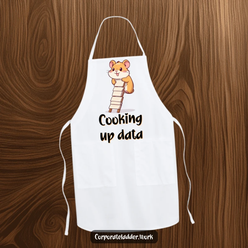 Funny hamster apron, a diligent hamster climbing a ladder made of report papers, inspiring dedicated cooking.