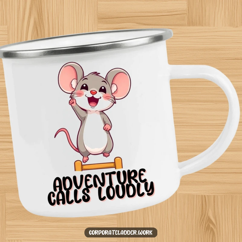 Funny mouse camping mug, a cheerful mouse reaching for a ladder rung, adding joy to outdoor adventures.