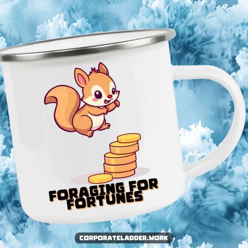 Funny squirrel camping mug, a determined squirrel climbing a ladder of coins, symbolizing outdoor financial success.
