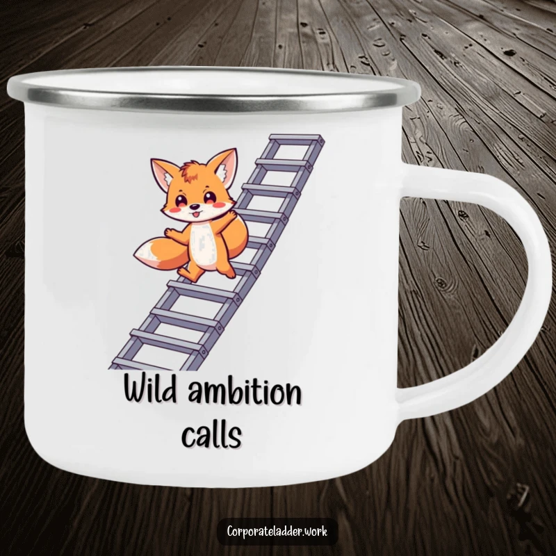 Funny fox camping mug, a playful fox leaping between corporate ladder levels, symbolizing outdoor career success.