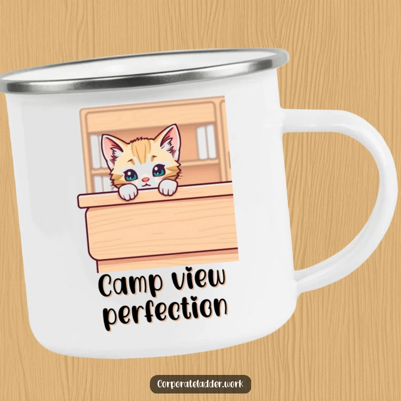 Funny kitten peeking over the edge of a large desk, on a durable camping mug, evoking cozy outdoor fun and humor.