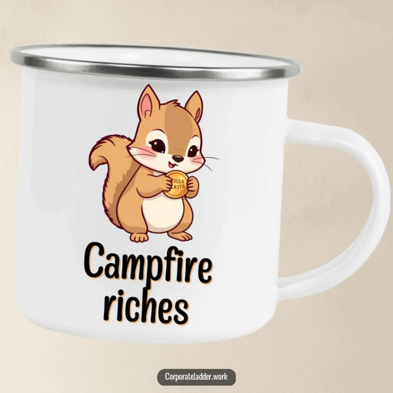 Funny squirrel clutching a miniature stack of coins, on a durable camping mug, evoking outdoor adventures and witty savings.