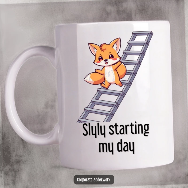 Funny fox mug, a playful fox character leaping between corporate ladder levels, symbolizing career agility.