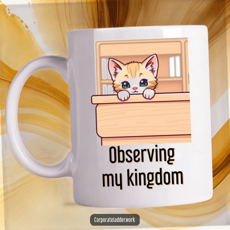 Funny playful kitten peeking over the edge of a large desk, with wide curious eyes, on a mug, symbolizing mischief.