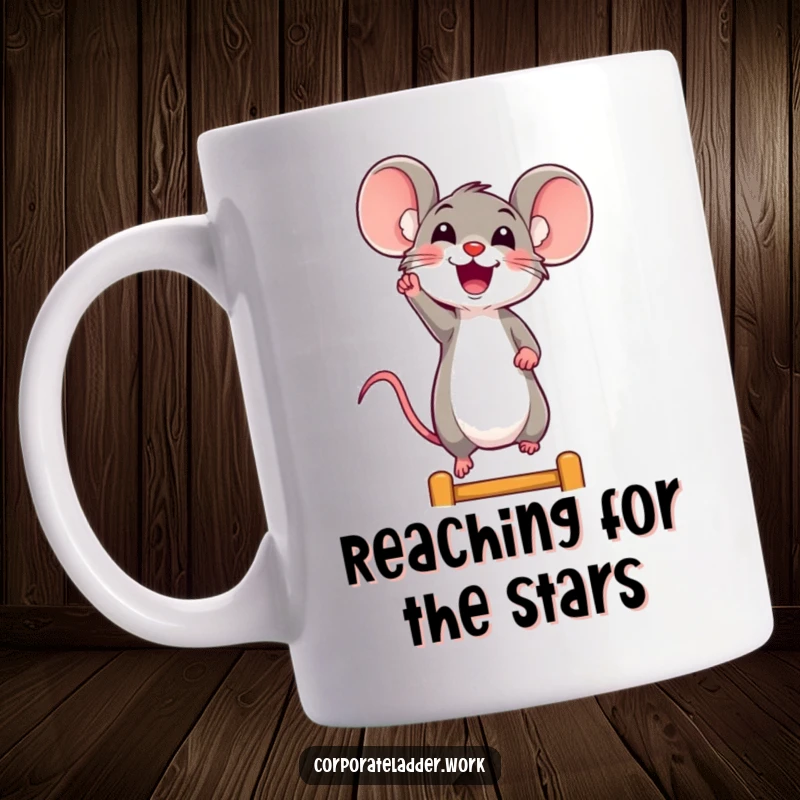 Funny mouse mug, a cheerful rodent enthusiastically reaching for a higher rung on a ladder, symbolizing joy.