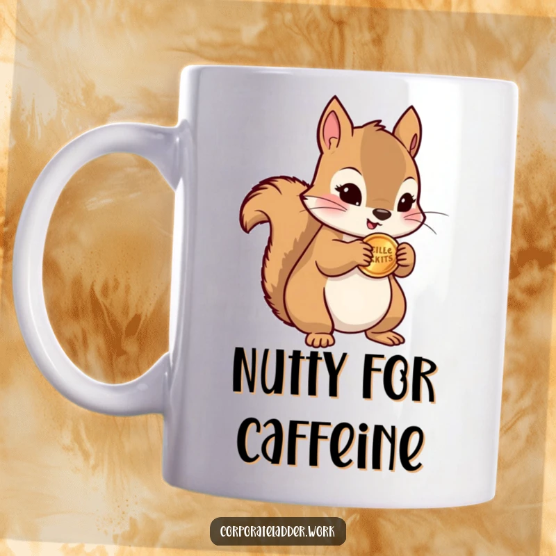 Funny little squirrel clutching a miniature stack of coins, looking pleased, on a mug, symbolizing wealth and humor.