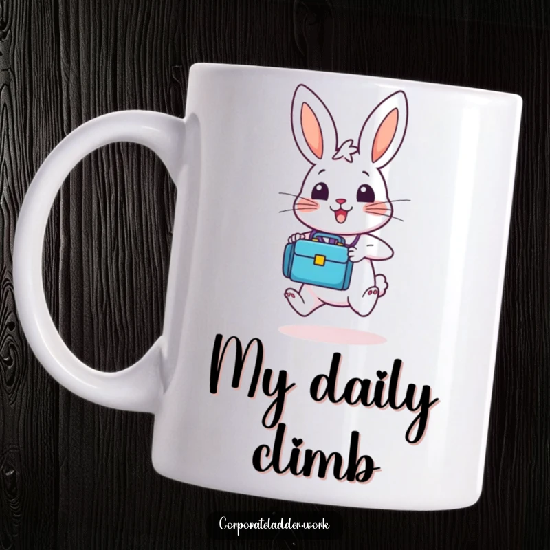 Funny bunny with a tiny briefcase joyfully hopping upwards, symbolizing ambition and a cheerful start to the day on a mug.