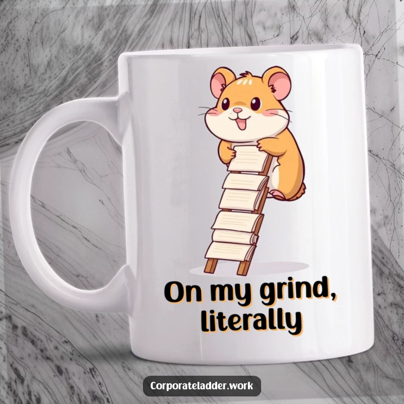 Funny hamster mug, a diligent hamster character climbing a ladder made of report papers, symbolizing hard work.