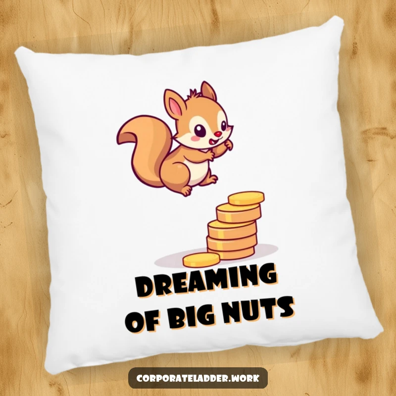 Funny squirrel pillow, a determined squirrel ascending a ladder crafted from coins, symbolizing the pursuit of wealth.