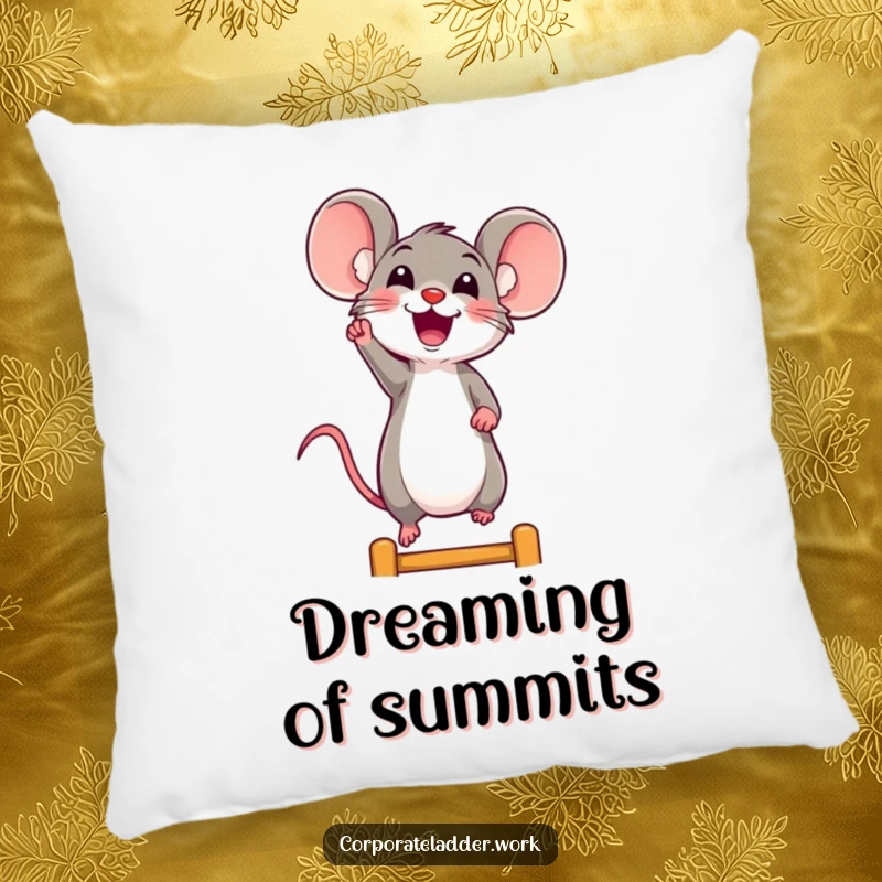 Funny mouse pillow, a cheerful mouse reaching upwards on a ladder, symbolizing comfort and joyful aspirations.