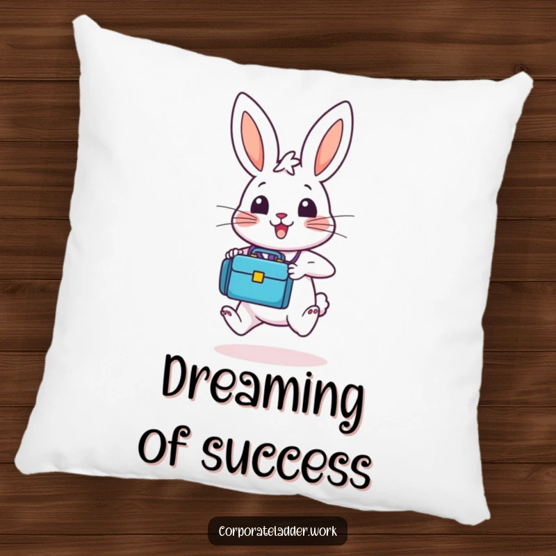 Funny bunny clutching a tiny briefcase, depicted hopping upwards with great enthusiasm, on a decorative pillow for a touch of humor.