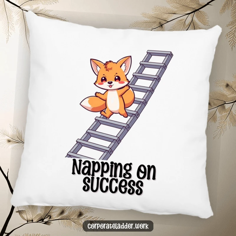 Funny fox pillow, a playful fox leaping between corporate ladder levels, symbolizing strategic career advancement.