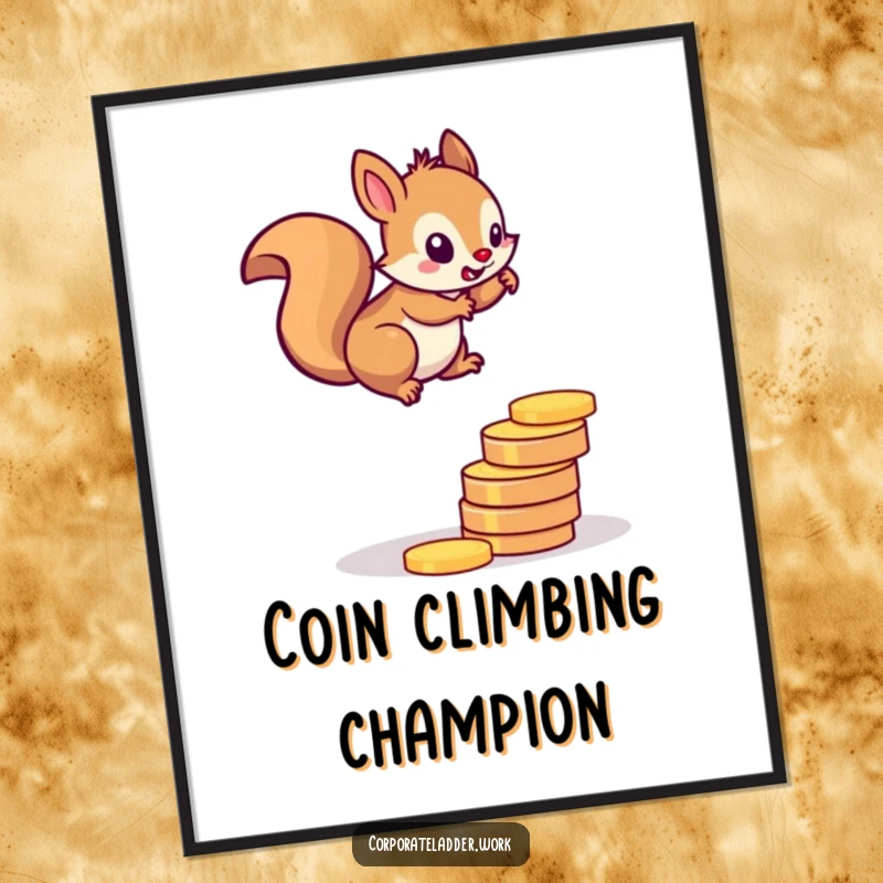 Funny squirrel digital art print, a determined squirrel scaling a ladder of coins, representing financial aspirations.