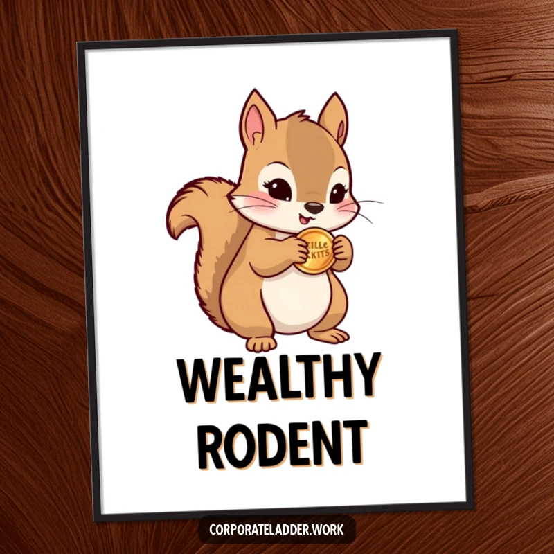 Funny squirrel clutching a miniature stack of coins, as a digital art print, symbolizing humorous wealth and good fortune.