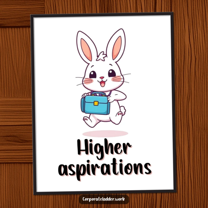 Funny bunny with a tiny briefcase, hopping energetically upwards, as a digital art print, symbolizing ambition and cheerful motivation.