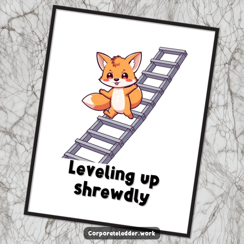 Funny fox digital art print, a playful fox leaping between corporate ladder levels, embodying career ambition.