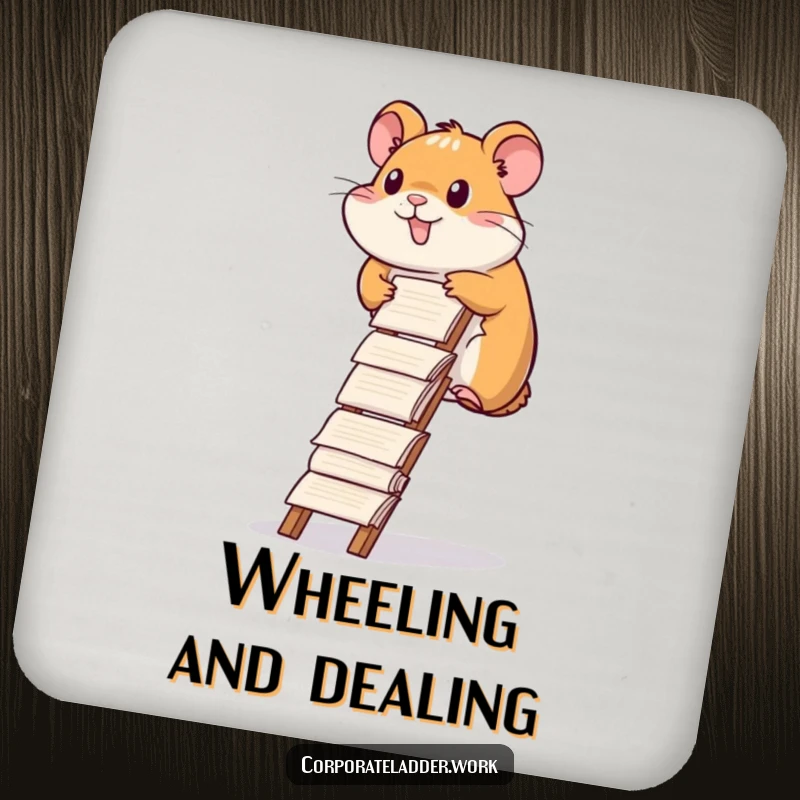 Funny hamster coaster, a diligent hamster climbing a ladder made of report papers, adding charm to tabletops.