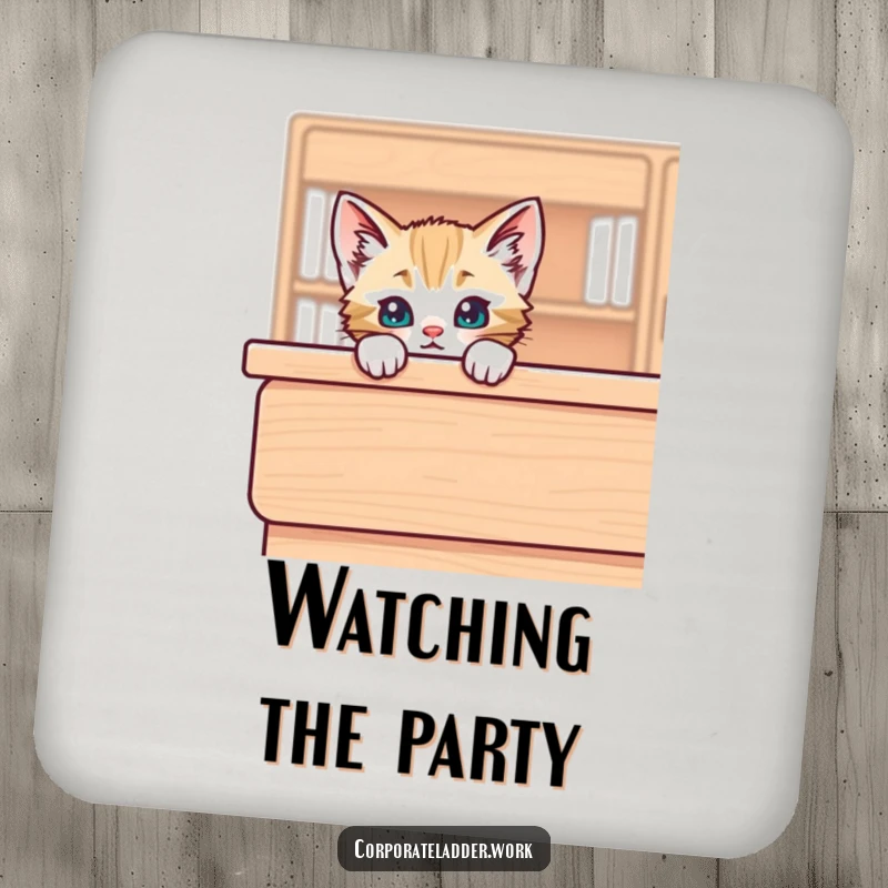 Funny kitten peeking over the edge of a large desk, depicted on a drink coaster for a touch of playful decor.