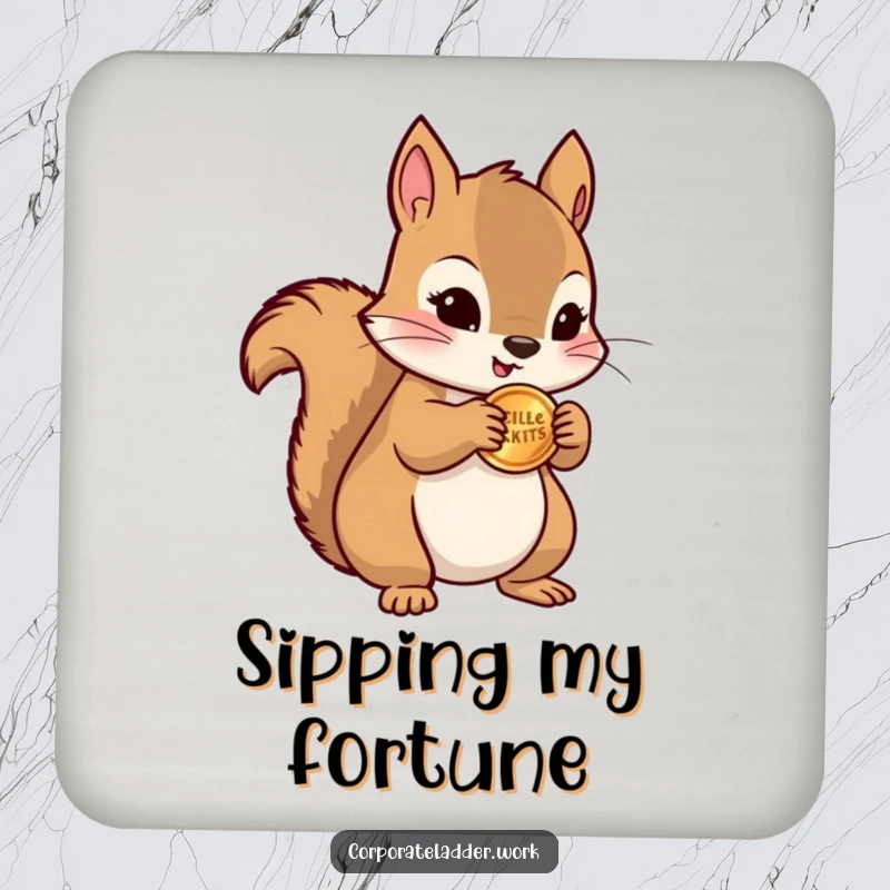Funny squirrel clutching a miniature stack of coins, depicted on a drink coaster for a humorous and protective touch.