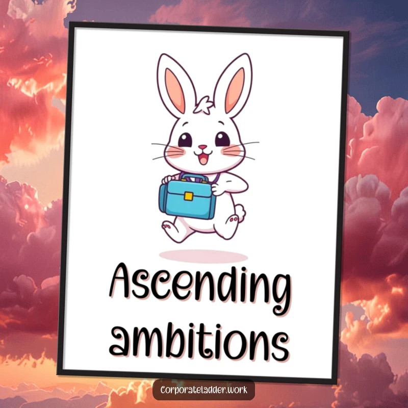 Funny bunny with a tiny briefcase, depicted in a dynamic upward hop, presented as inspiring wall art, a funny gift for any room.