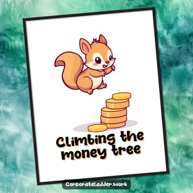 Funny squirrel poster, a determined rodent scaling a ladder fashioned from coins, embodying financial drive and determination.