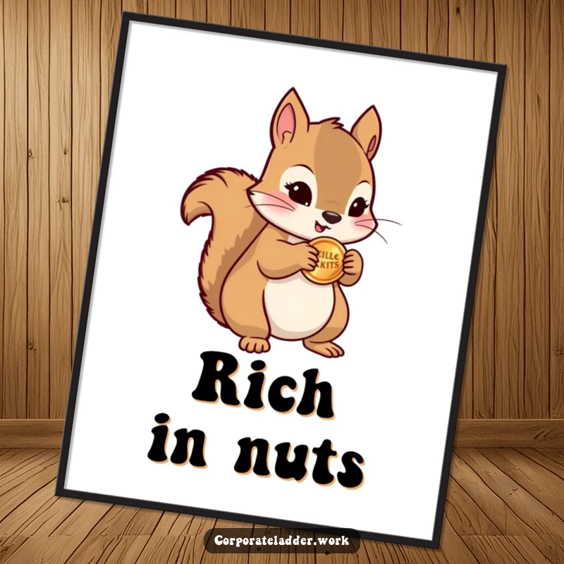 Funny squirrel clutching a miniature stack of coins, presented as humorous wall art, a delightful funny gift for any space.