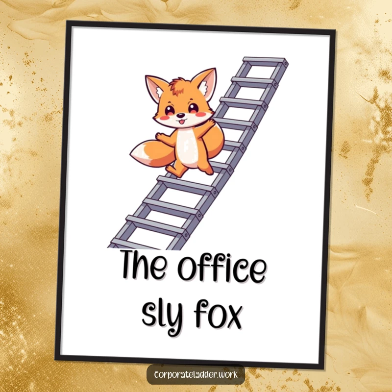 Funny fox poster, a playful fox character leaping between corporate ladder levels, embodying ambition and cleverness.