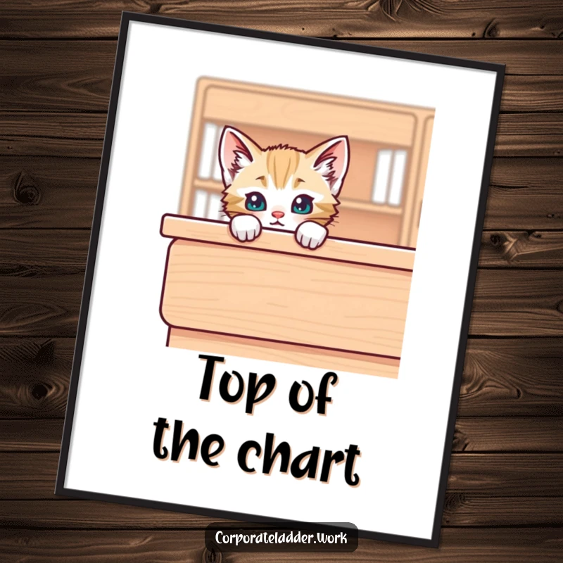 Funny kitten peeking over the edge of a large desk, presented as humorous wall art, a cute and funny gift.