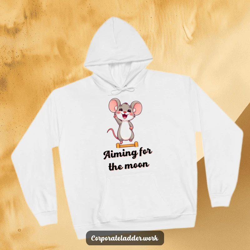 Funny mouse hoodie, a happy mouse reaching upwards on a ladder, symbolizing joyful aspirations and comfort.
