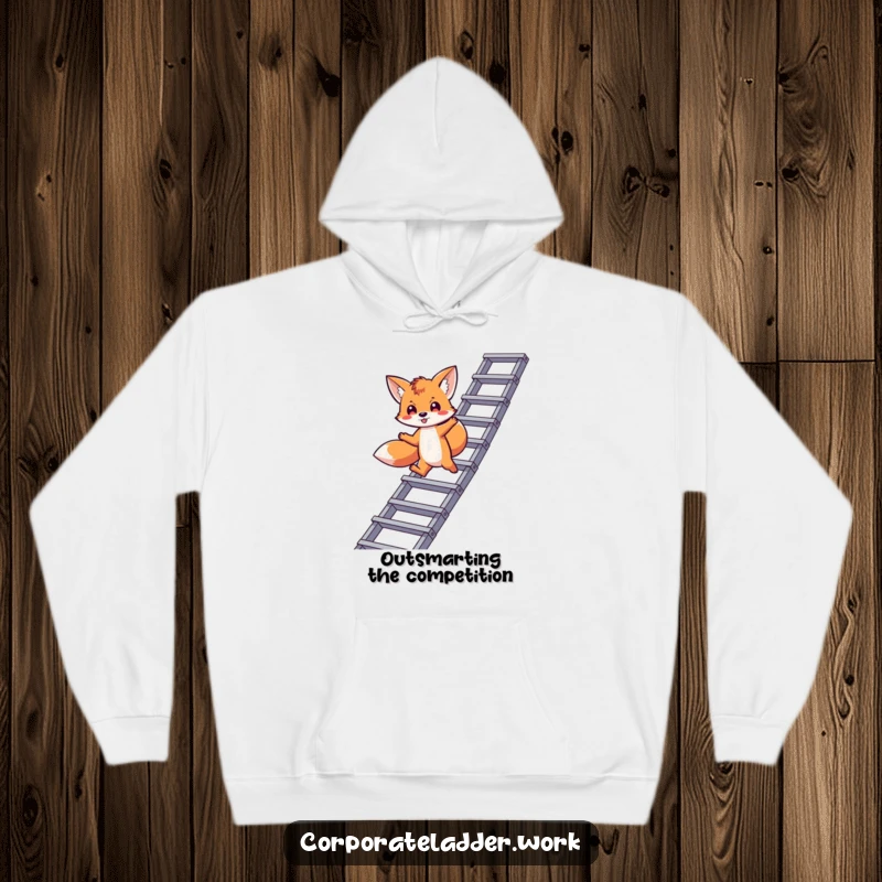 Funny fox hoodie, a playful fox character jumping between levels of a corporate ladder, representing strategic advancement.