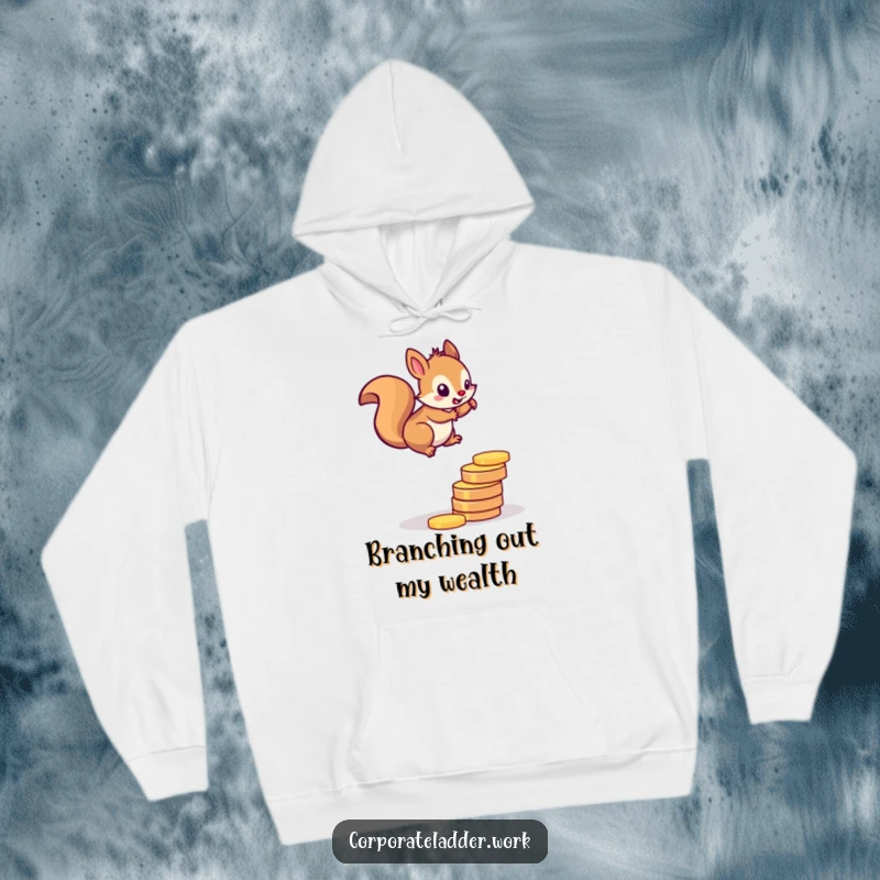 Funny squirrel hoodie, a determined rodent ascending a ladder built of glittering coins, representing wealth accumulation.