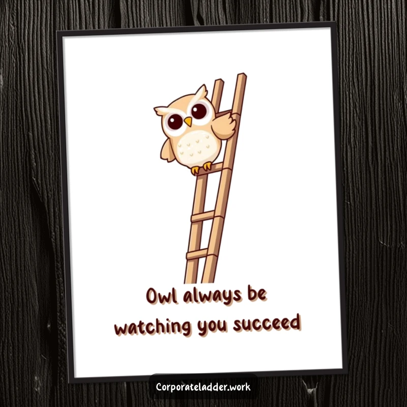 Funny Free Printable Wall Art: Mischievous owl artfully perched atop a tall ladder, symbolizing wisdom and reaching goals.