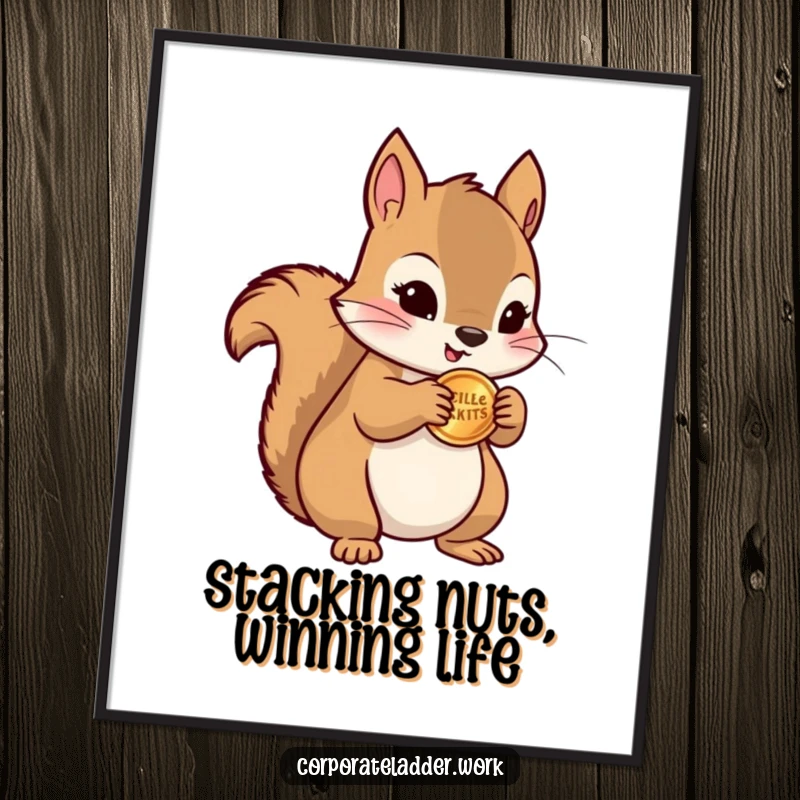 Funny Free Printable Wall Art: A squirrel is enthusiastically clutching a miniature stack of coins.