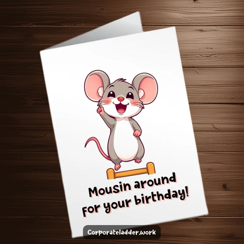 Funny Free Printable Birthday Card: Cheerful mouse stretching enthusiastically for a higher rung on a simple ladder.
