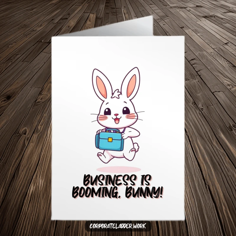 Funny Free Printable Birthday Card: A determined bunny with a tiny briefcase hops upwards with pure excitement.