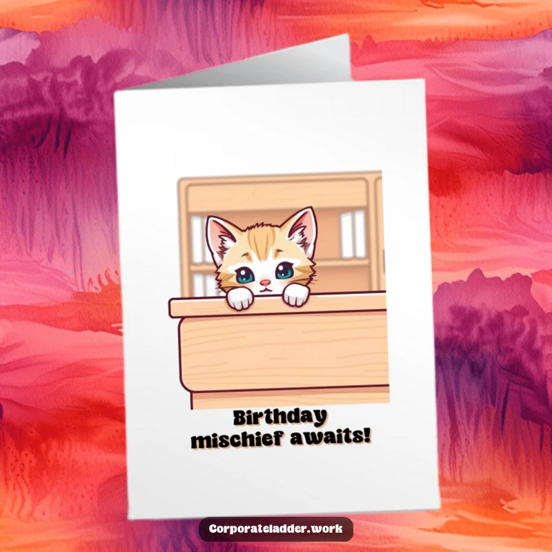 Funny Free Printable Birthday Card: A playful kitten peeks curiously over the edge of a large desk.
