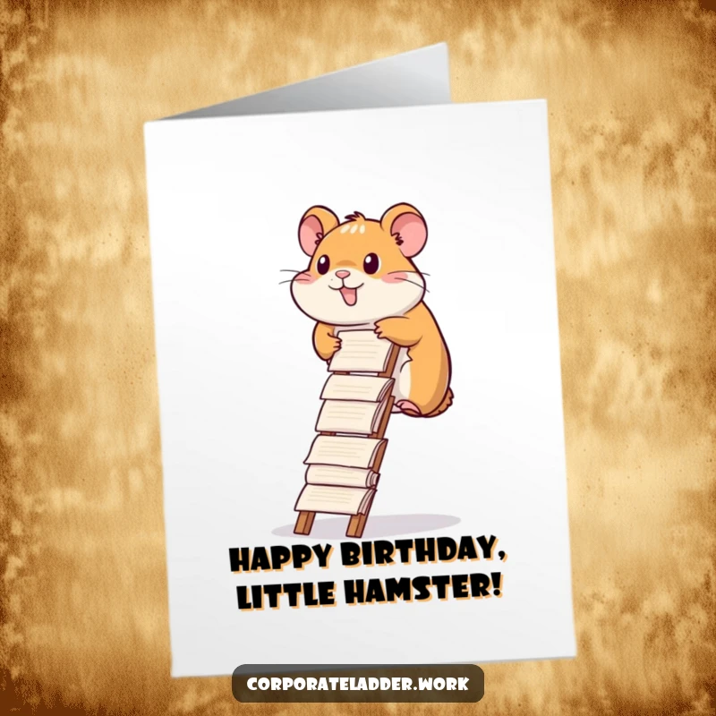 Funny Free Printable Birthday Card: Diligent hamster climbing a ladder constructed from stacks of report papers, symbolizing hard work.