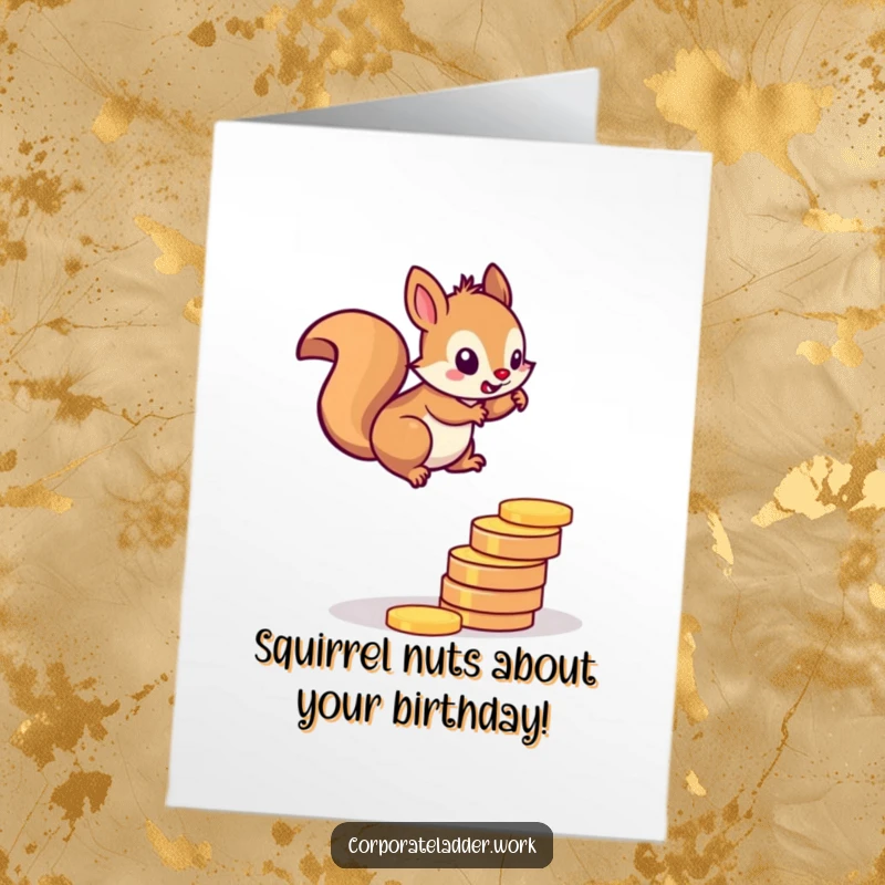 Funny Free Printable Birthday Card: Determined squirrel energetically climbs a ladder made of shiny coins, symbolizing financial success.