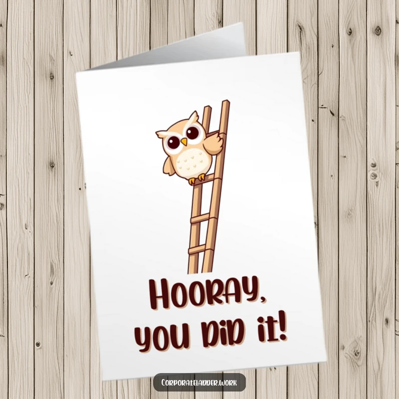 Funny Free Printable Congrats Card: Mischievous owl sitting at the summit of a ladder, celebrating reaching the top.