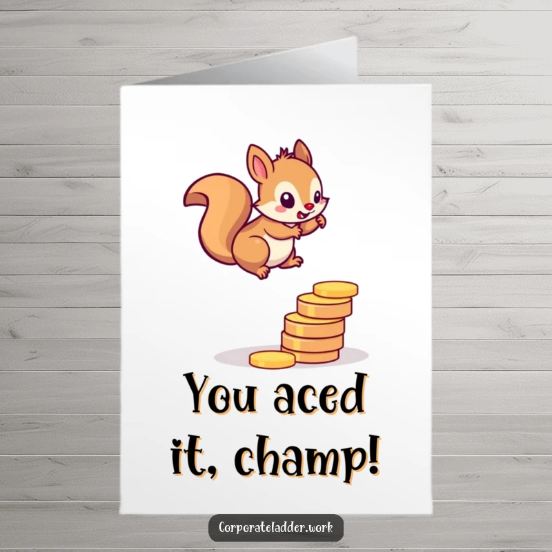Funny Free Printable Congrats Card: Energetic squirrel scrambles up a ladder constructed from gold coins, celebrating a big win.