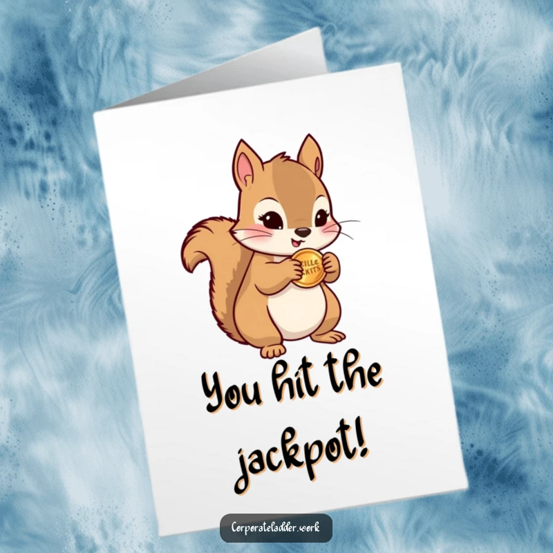 Funny Free Printable Congratulations Card: A squirrel proudly clutches a small pile of coins, celebrating.