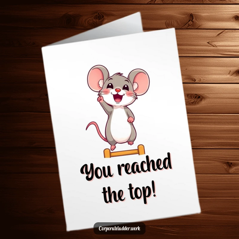 Funny Free Printable Congrats Card: Happy mouse reaching eagerly for the next step on a ladder, signifying progress.