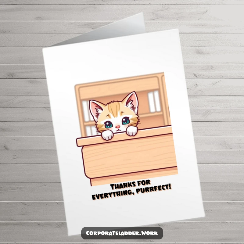 Funny Free Printable Thank You Card: A mischievous kitten peeks over a desk, ready to say thanks.