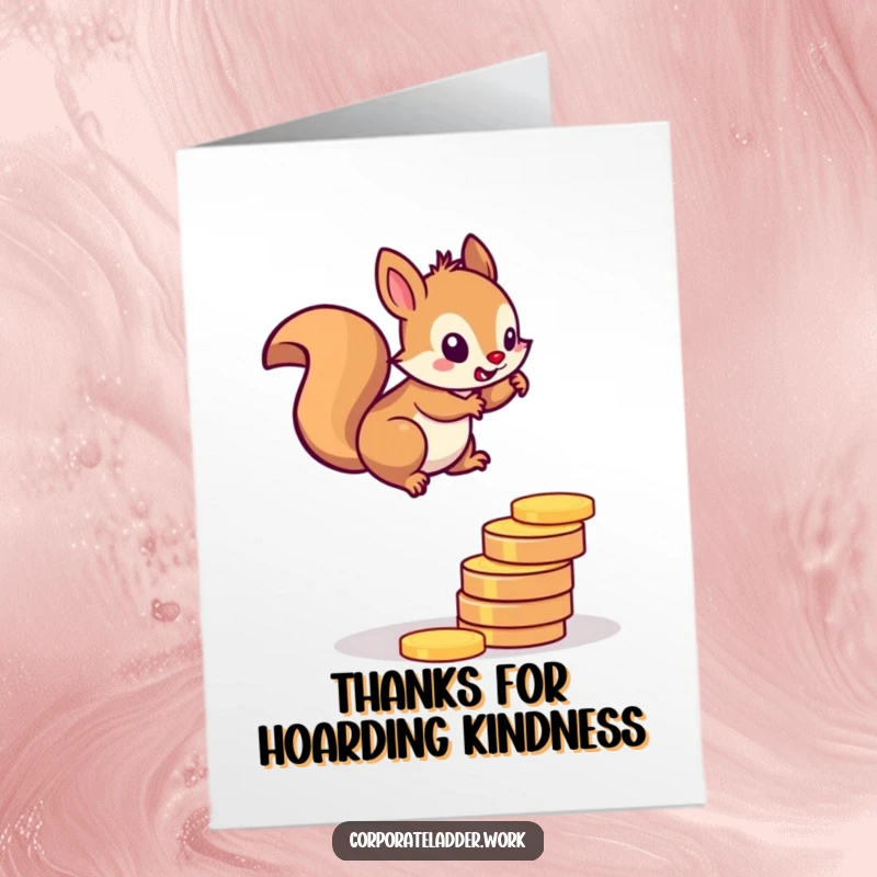 Funny Free Printable Thank You Card: Determined squirrel climbing a ladder of coins, showing appreciation for financial or career success.