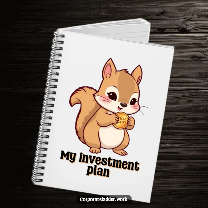 Funny squirrel clutching a miniature stack of coins, designed on a notebook cover for humorous financial planning or note-taking.