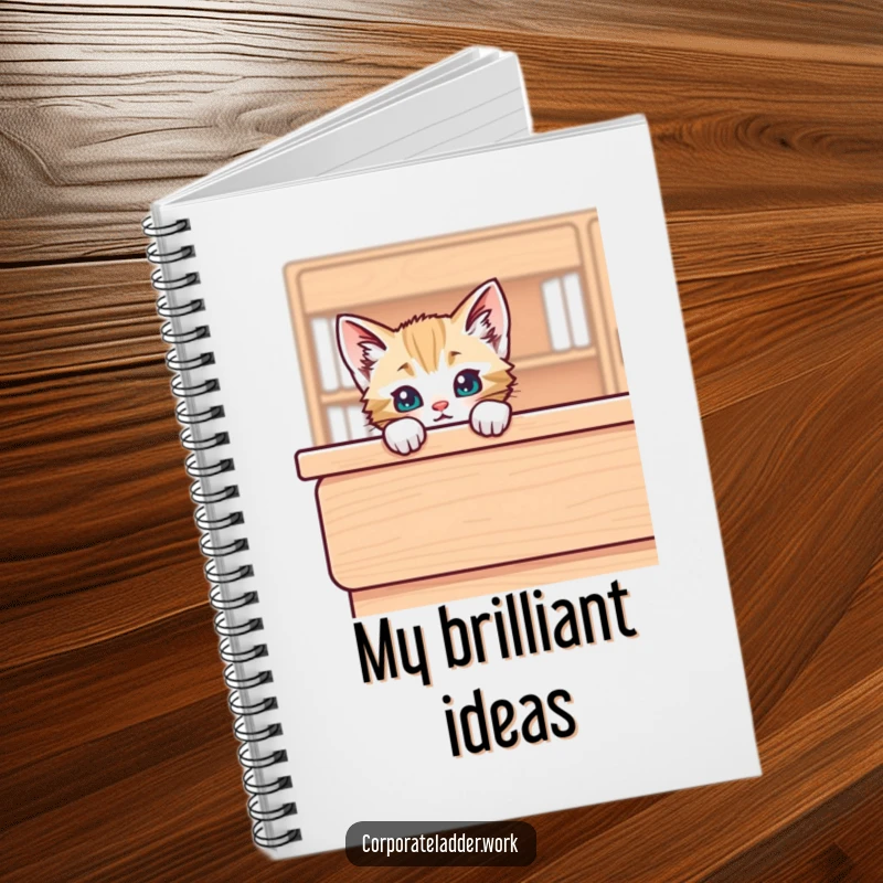 Funny kitten peeking over the edge of a large desk, designed on a notebook cover for humorous note-taking.