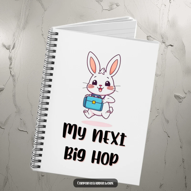 Funny bunny with a tiny briefcase, hopping upwards, featured on a notebook cover for a daily dose of humor and motivation.