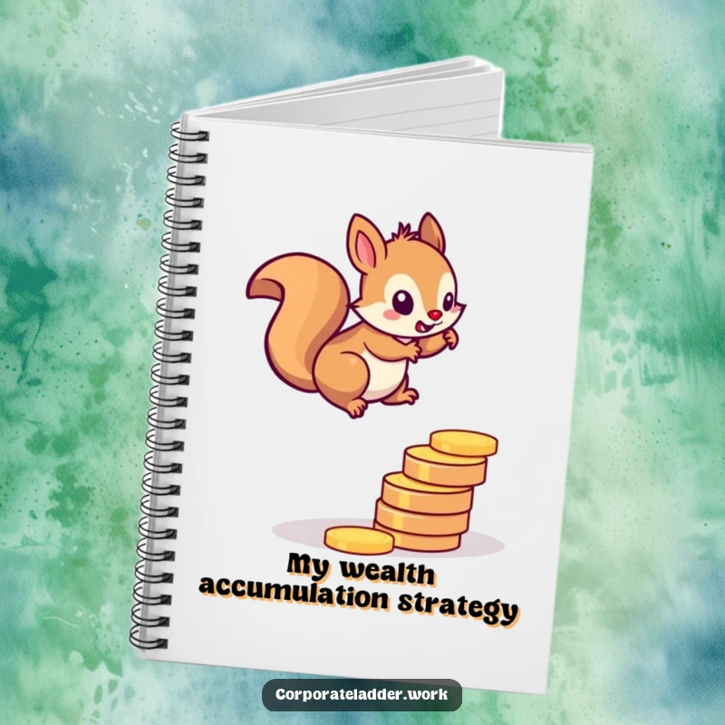 Funny squirrel notebook, a determined squirrel climbing a ladder made of coins, perfect for jotting down goals.