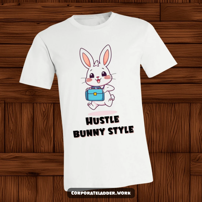 Funny bunny wearing a tiny briefcase, hopping energetically upwards, printed on a t-shirt, conveying ambition and humor.