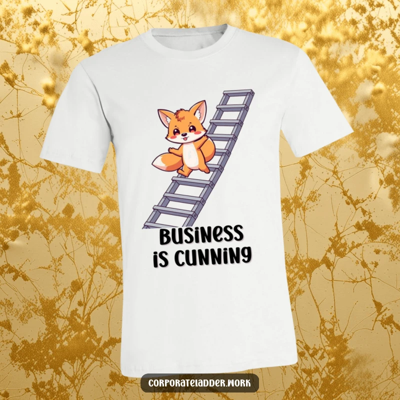 Funny fox t-shirt, a sly fox leaping between rungs of a corporate ladder, embodying strategic career moves.